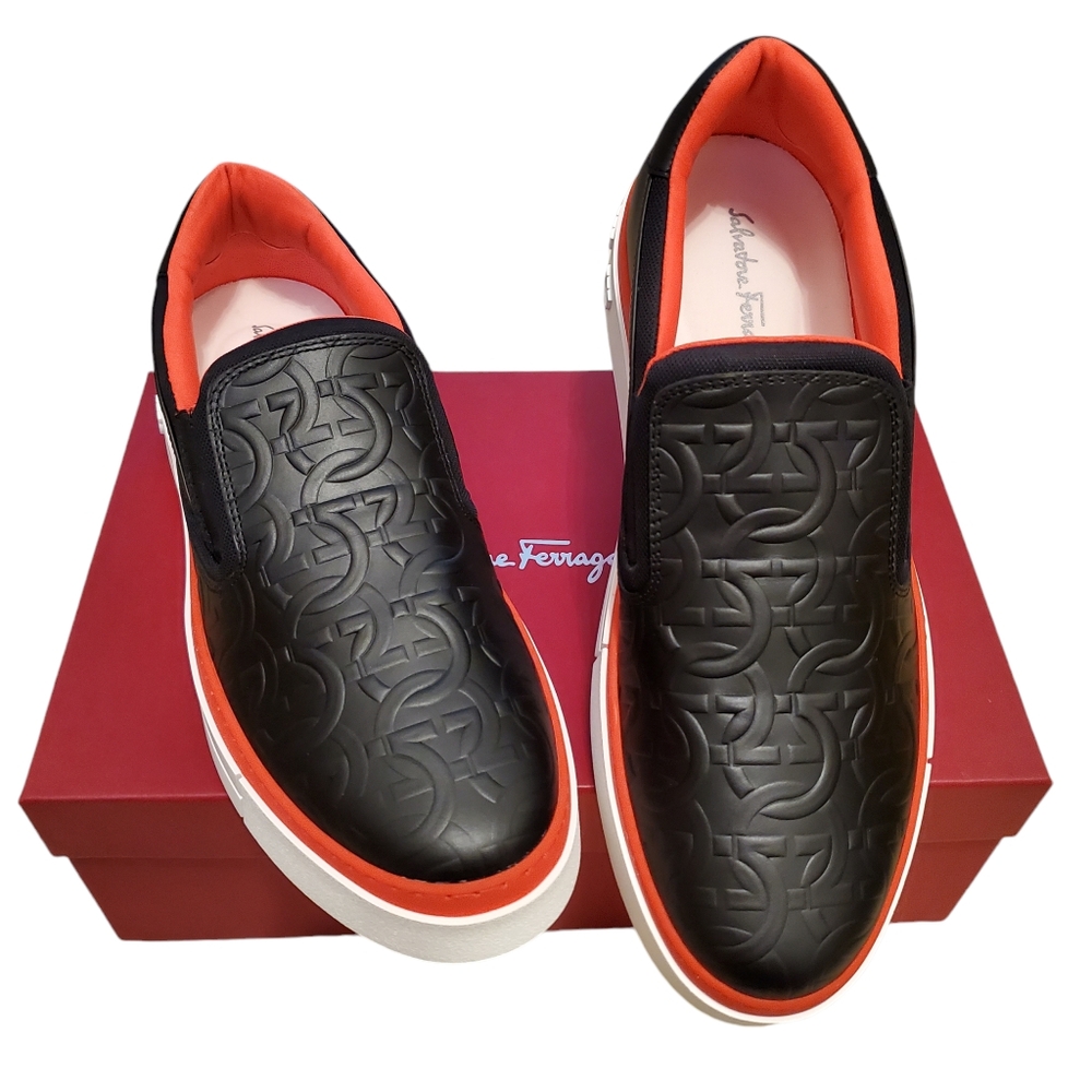 SOLD SALVATORE FERRAGAMO MATHEW SLIP-ON SNEAKER IN BLACK EMBOSSED LEATHER